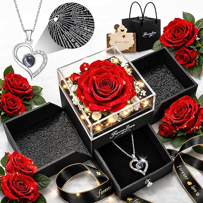 Forever Love Preserved Real Rose with Heart Necklace, Mothers Day Gifts for Mom, Wife, Anniversary Birthday Gifts for Women – Projects “I Love You” in 100 Languages