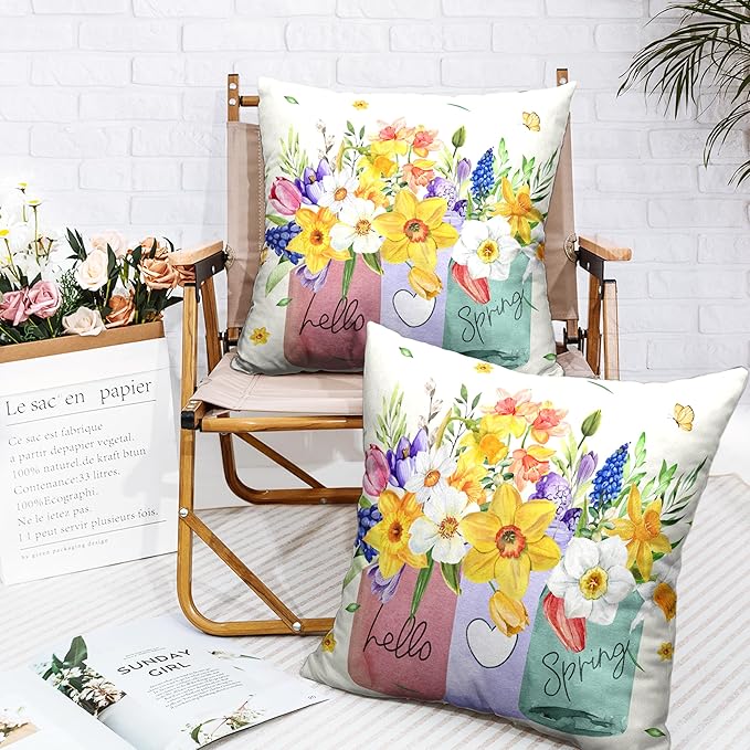 Spring Throw Pillow Covers 20x20 Set of 2 Daffodils Flower Pillow Covers Floral Vase Outdoor Pillowcase Watercolor Cotton Linen Cushion Case for Sofa Outdoor Patio
