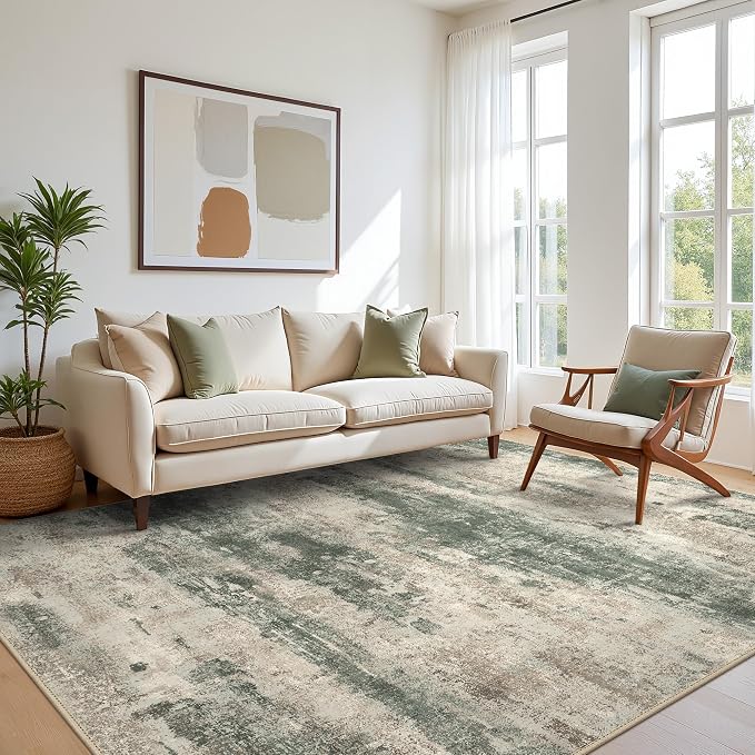 BEIMO Area Rugs 5x7 for Living Room Bedroom, Modern Abstract Machine Washable Rug, Large Soft Low Pile Floor Cover with Non Slip Backing for Dining Room, Grey/Dark Green