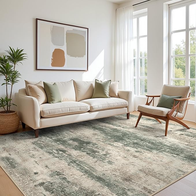 BEIMO Area Rugs 8x10 for Living Room Bedroom, Modern Abstract Machine Washable Rug, Large Soft Low Pile Floor Cover with Non Slip Backing for Dining Room, Grey/Dark Green