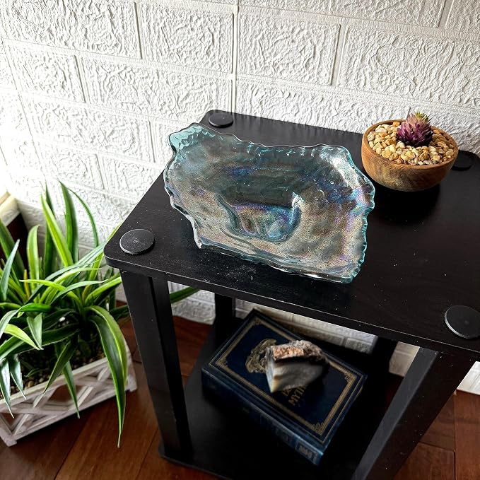 Oyster Shell Decorative Plate, 10 Inch Sea Blue Iridescent Glass | Compact Freeform Shell Form, Wavy Uneven Edges, Glossy Multitone Finish, Sits Flat for Tabletop Display