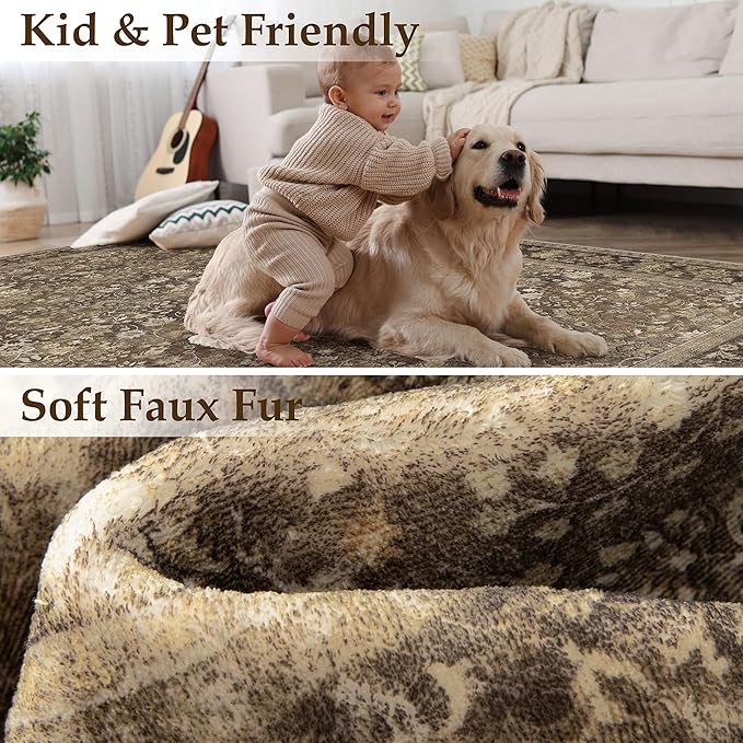 HUGEAR 9x12 Machine Washable Rugs Brown Living Room Large Area Rug Indoor Accent Rug Floral Mid Pile Carpet Soft Soft Thicker Aesthetic Rug Bedroom Office Dining Laundry