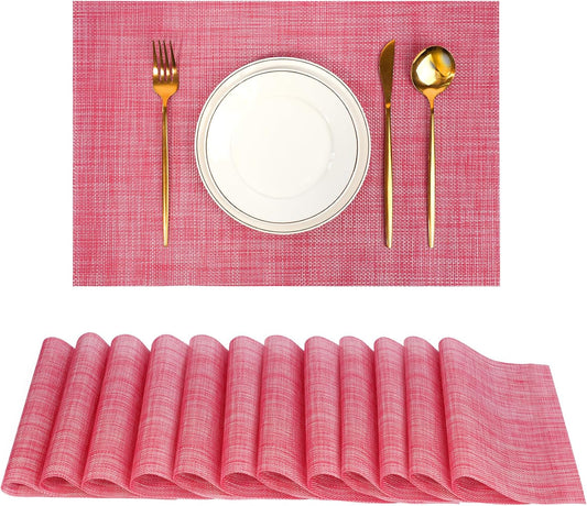 Placemats Set of 12，Non-Slip PVC Weave Table Mats Easy to Clean，Heat Resistant Place Mats for Kitchen Dining Table Decoration Indoor Outdoor，Red