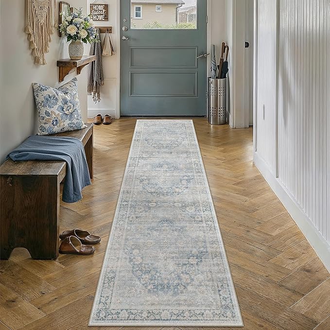 2x8 Washable Neutral Runner Rug Blue Vintage Hallway Kitchen Carpet Non-Slip Soft Low Pile Oriental Throw Rug for Bedroom Bathroom Laundry Living Room