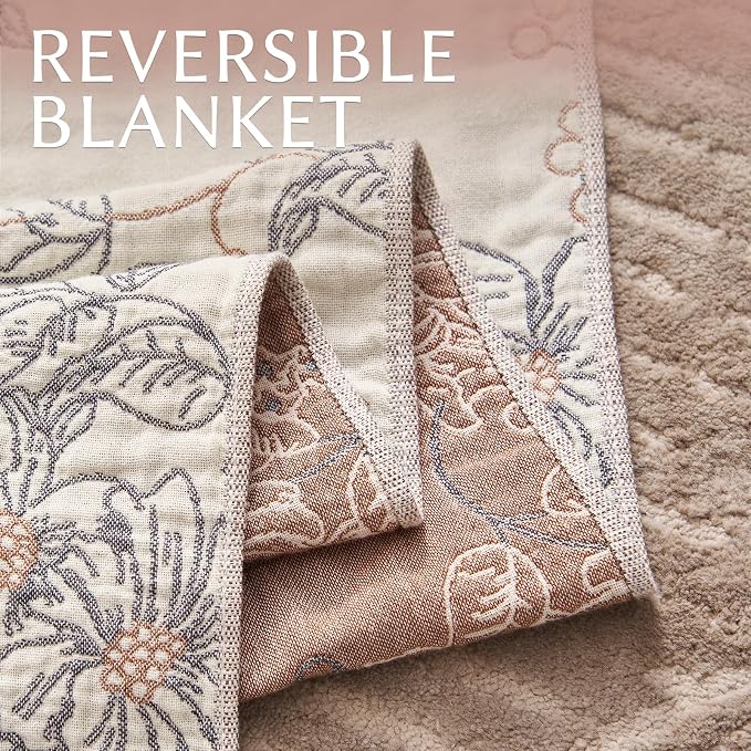 JINCHAN Boho Floral 100% Cotton Blanket 4-Layer Throw Blanket with Tassel Taupe and White Flower Butterfly Soft Luxury Rustic Farmhouse Decor Blanket for Couch Bed 80x90 inch All Season gift for women