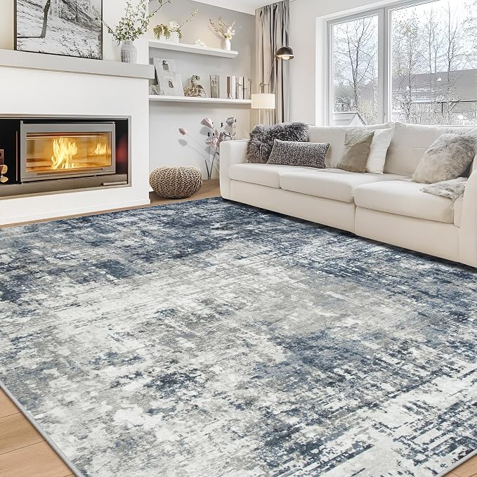 9x12 Area Rugs for Living Room Rug Washable: Modern Large Rug for Dining Room Bedroom Carpet Non Slip 9 by 12 Indoor Abstract Nursery Home Office Blue Grey