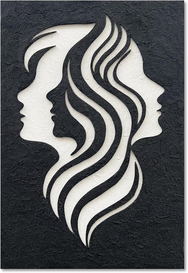 NANKAI Art Hand-Drawn 45x30 inches Black and White Silhouette Textures of Figures in Abstract Art Oil Painting. Modern-Style Abstract Wall Decoration. Three-Dimensional Minimalist Relief Paintings