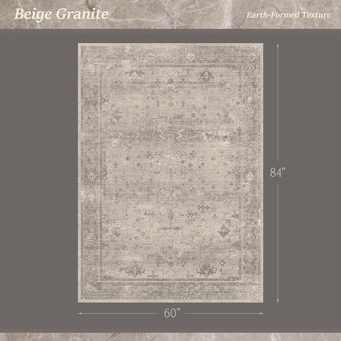 Greige 5x7 Washable Area Rug for Small Living Room, Granite-Inspired Distressed Geometric Rug for Home Office & Dining Room, Soft Low Pile Non-Slip Carpet with Modern Organic Style