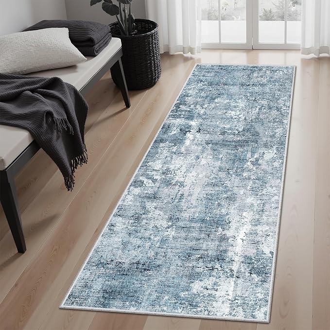 Soalmost Runner Rug 2x5 Washable Non-Slip Kitchen Runner Rugs for Bathroom Laundry Room Blue/Grey Vintage Floor Carpet Runners for Hallway Entryway