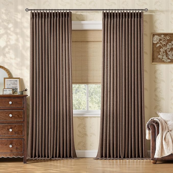 90 Inches Dark Brown Pinch Pleat Curtains for Living Room Semi Sheer Memory Trained Shaped Linen Textured Pleated Drapes for Track System Vintage Aesthetic Curtains for Bedroom Windows 90 Inch Long