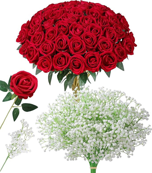 HyeFlora 35 PCS Artificial Red Roses with 15 PCS Fake Baby Breath Realistic Fake Flowers Bouquet with Long Stem for DIY Wedding Party Home Decoration Vase Tables Centerpieces Arrangements Gift for Her