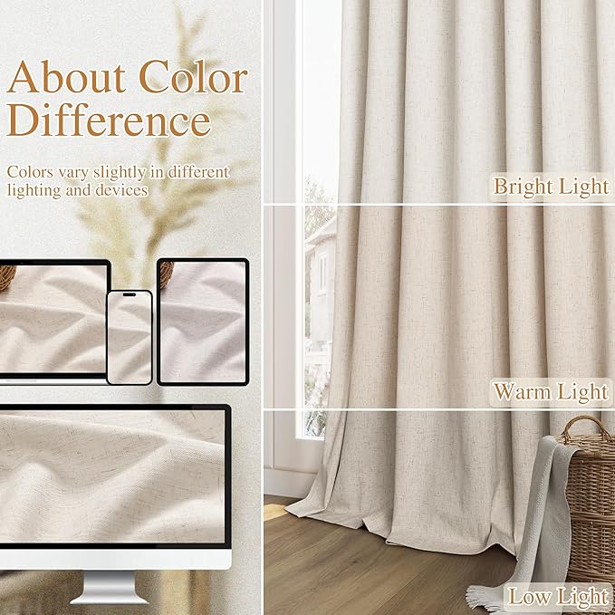 Guken 100% Blackout Linen Curtains 80 Inch Length 2 Panels Set for Living Room Bedroom Back Tab Thermal Insulated Black Out Drapes Room Darkening Farmhouse Window Curtains 80 Inches Long
