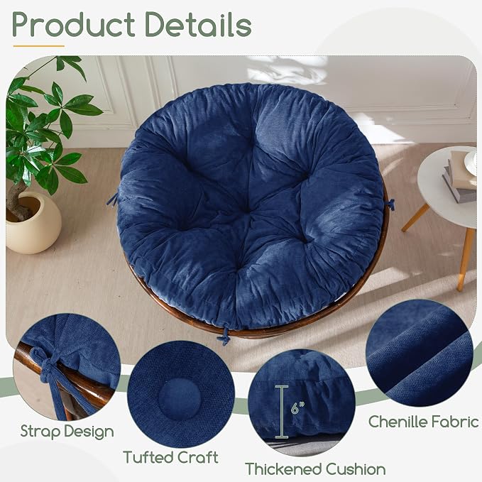 HIGOGOGO Papasan Chair Cushion with Chenille Cover (Without Chair), Soft Supportive Cushion, Navy, 48 x 48 Inch