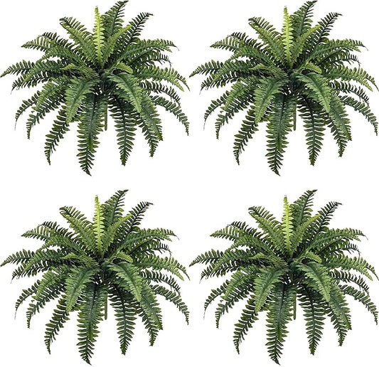 FOREST PRINCE 35" Fake Ferns, 4 Large Artificial Bonston Ferns Bushes Plants with 39 Fronds for Outdoors Garden Patio Porch Entrance Low Maintain Home Decor