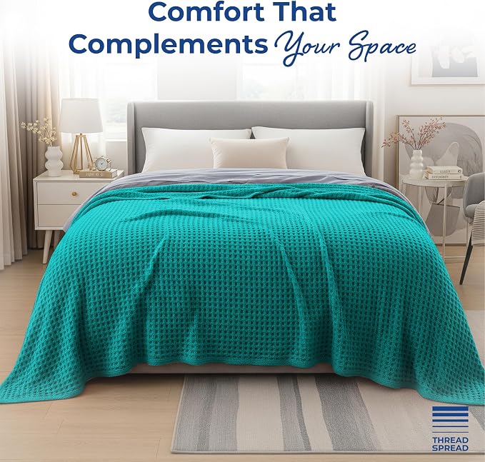 THREAD SPREAD 100% Cotton Waffle Twin Size Blanket for Bed - Soft Lightweight Breathable Waffle Weave Twin Blanket for All Season, Textured Throw Blankets for Bed, Sofa, Hotel, Hospital - Teal
