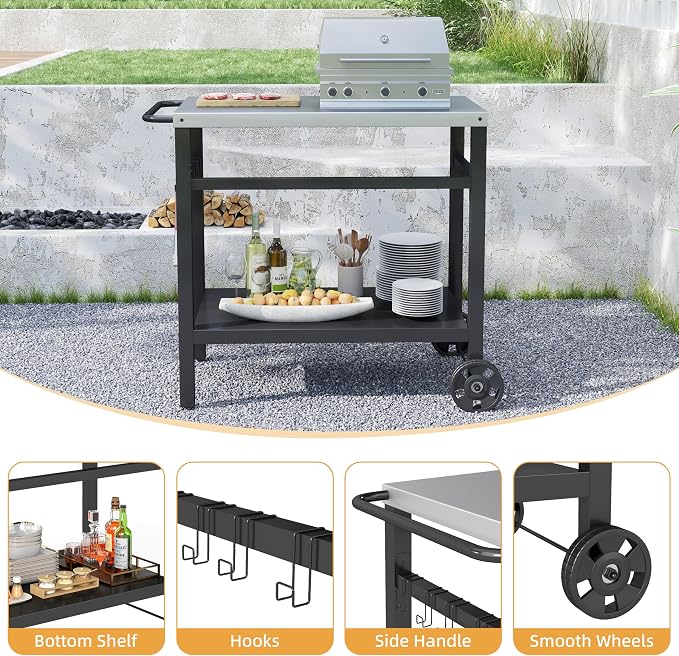 DDK Outdoor BBQ Prep Cart | 2-Tier Grill Table with Stainless Steel Top | Rolling Utility Cart for Patio, Pizza Oven, Grilling & Meal Prep