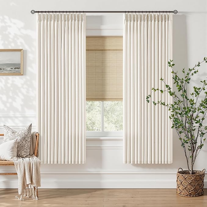 Natural Pinch Pleated Linen Curtains 2 Panels 63 Inch for Living Dining Room Semi Sheer Memory Trained Cream Short Pleat Drapes with Hooks Rings Farmhouse Boho Warm Beige Bedroom Kitchen Drapes 40W