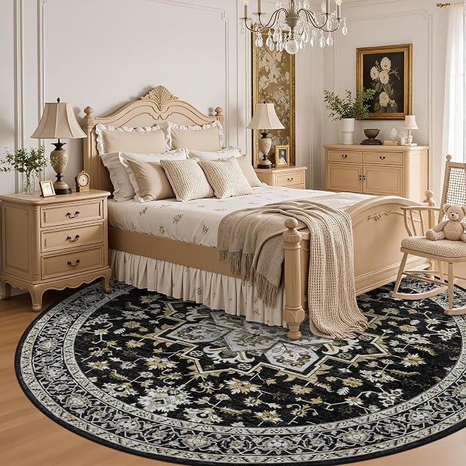 Round Area Rug for Living Room: 6ft Washable Vintage Boho Soft Thin Circle Rug Indoor Floor No Slip Stain Resistant Carpet for Bedroom Dining Room Farmhouse Nursery Home Office -Black Gold
