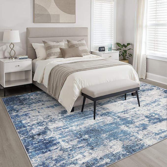 6x8 Area Rug Living Room: Washable Large Neutral Rug Abstract Soft Modern Stain Resistant Indoor Floor Non-Slip Carpet for Bedroom Nursery Kids Office Playroom Dining Room Under Table- Navy Gray
