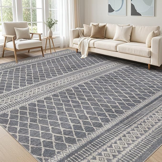 cotiled 10x12 Area Rug Living Room: Washable Boho Rugs with Non Slip Backing Large Soft Indoor Stain Resistant Carpet for Bedroom Farmhouse Dining Room Lightweight Home Decor Charcoal Grey