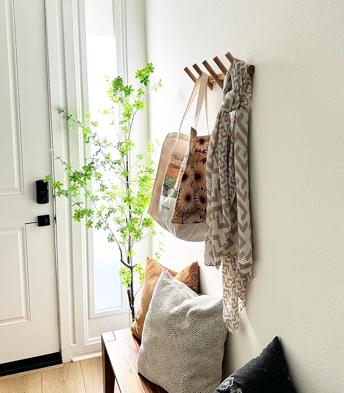 Modern 5-Hook Wooden Coat Rack, Decorative Coat Rack wall Mount for Bags, Hats, Purse, Heavy Duty, Sturdy (Ash White)