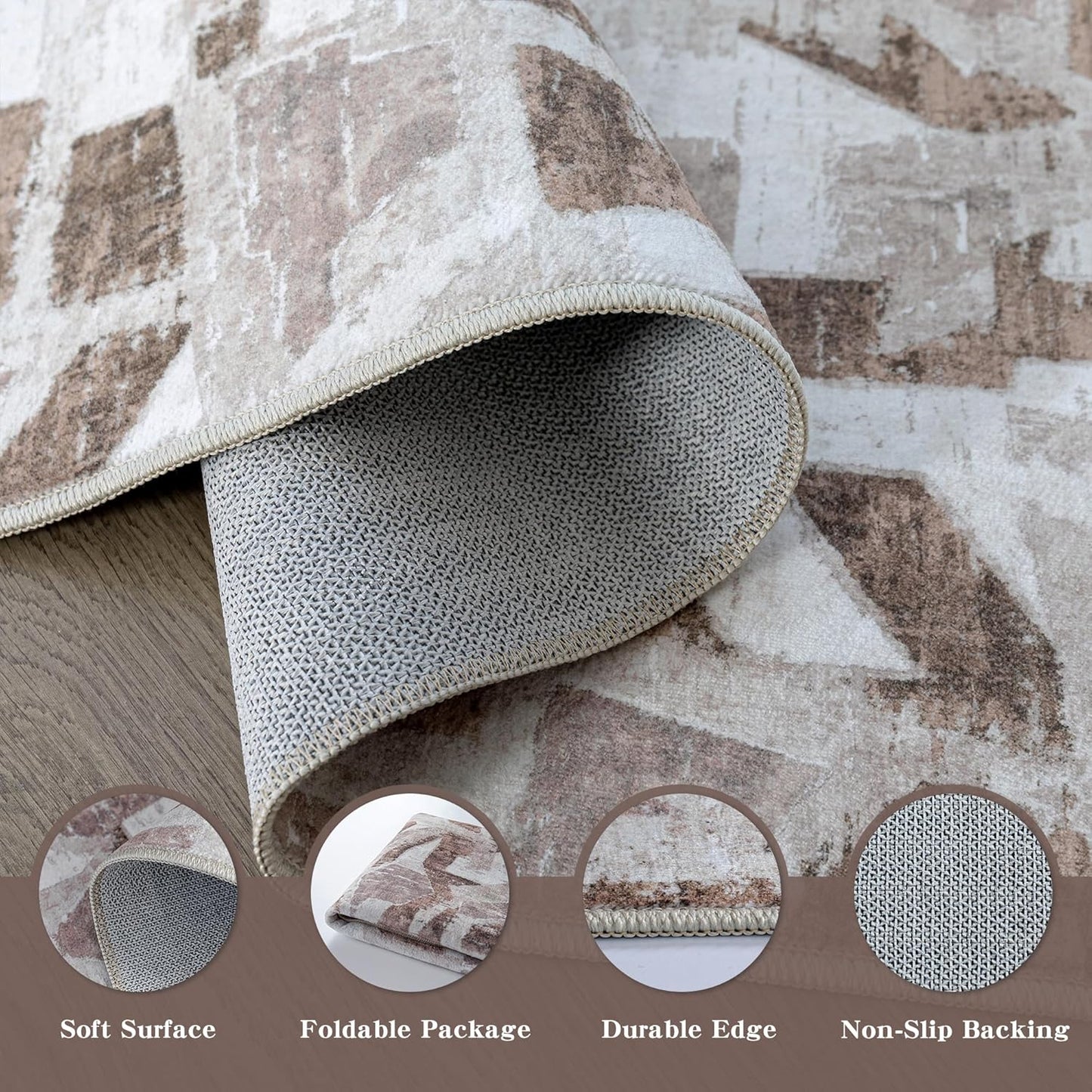 Modern Abstract 6X9 Area Rug for Living Room Bedroom Washable, with Non-Slip Rubber Backing Print Faux Wool Thin, Brown Throw Large Carpet for Kids Playroom Dining Room Pet & Child Friendly