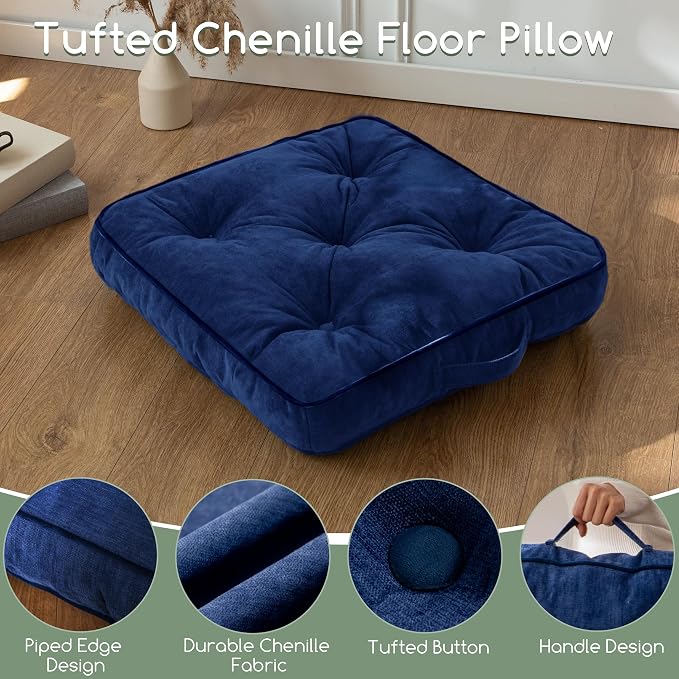 HIGOGOGO Large Floor Pillow Cushion for Adults, Meditation Cushion Pillow with Handle, Lustrous Chenille Tufted, Square Floor Sitting for Tatami Living Room or Yoga, 22x22 Inch, 2Pack, Navy