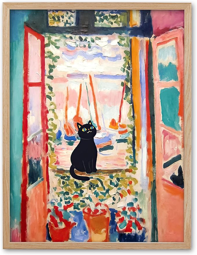 UPWOIGH Matisse Inspired The Open Window Wall Art with Black Cat, Red Window Canvas Print, Beige Oak Wood Framed 12x16 Inch Decor