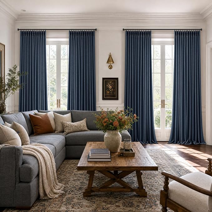 120 Inches Navy Pinch Pleated Curtains for Living Room Linen Textured Memory Trained Light Filtering Sheer Drapes with Hooks Rings Modern Dark Blue High Ceiling Curtains for Living Room 2 Panels
