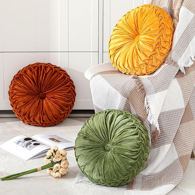 Drydiet 1 Pcs Round Throw Velvet Pillows Decorative Pleated Throw Pillows Diameter Accent Pumpkin Boho Chair Cushion for Couch Sofa Home Decoration (Yellow,15'')