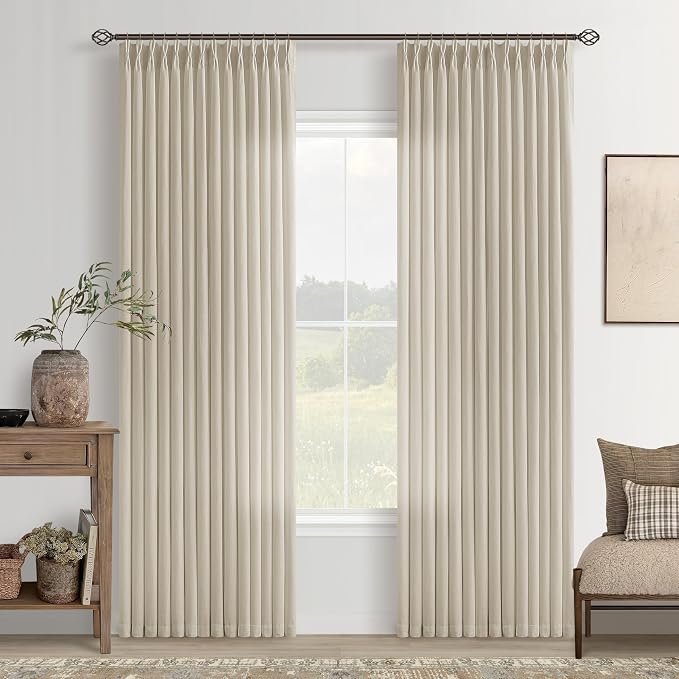 Oatmeal Linen Curtains 80 Inches Long 2 Panels Set for Living Room Bedroom Pinch Pleated Back Tab Drapes Neutral Modern Farmhouse Semi Sheer 80 Inch Curtains for Dining Room Window Cabin Beige Tan