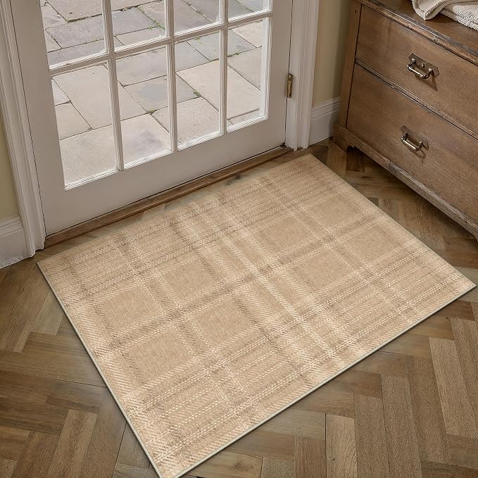 2x3 Brown Area Rug for Entryway Machine Washable Low Pile Checkered Mat Modern Accent Soft Non Slip Small Carpet for Entrance Bathroom Bedroom Indoor