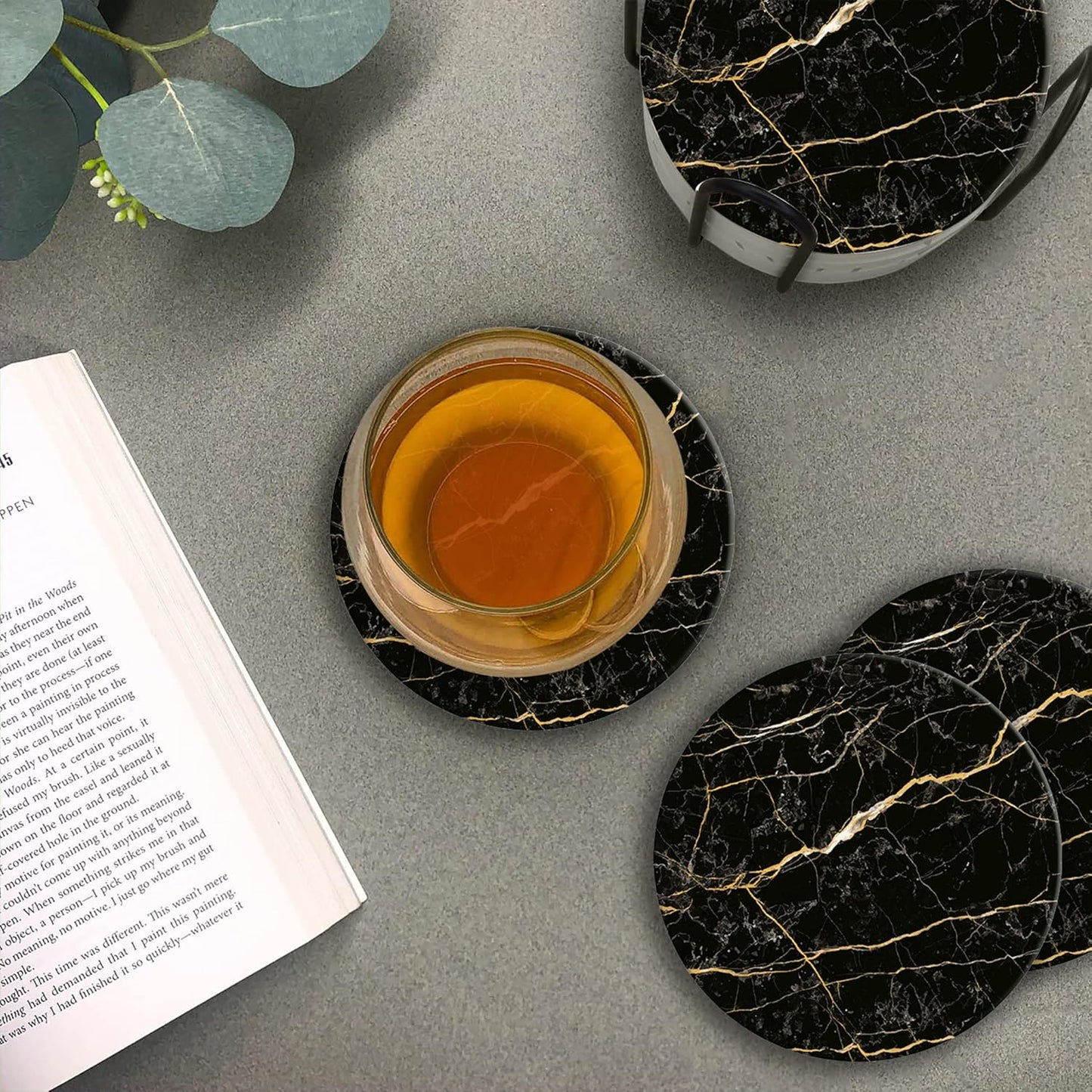 Emerson Coasters for Drinks Absorbent – Natural Stone Drink Saucers Set with Holder, Coasters for Coffee Table, Wooden Tabletop Protection Marble Style – 100% Heavy Duty Set of 6 (Streak)