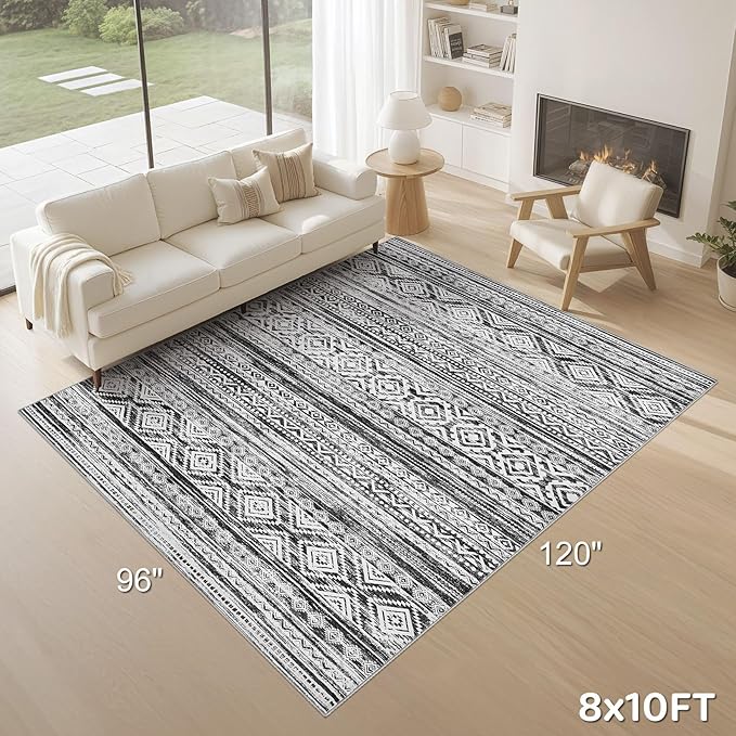 cotiled 8x10 Area Rug Living Room: Washable Boho Rugs with Non Slip Backing Large Soft Indoor Stain Resistant Carpet for Bedroom Farmhouse Dining Room Lightweight Home Decor White/Black