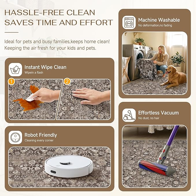 HUGEAR 3x5 Machine Washable Rugs Coffee Brown Hallway Area Rug Indoor Accent Rug Floral Low Pile Carpet Soft Throw Aesthetic Rug Bedroom Living Room Office Dining Room Kitchen Laundry Room Non Slip
