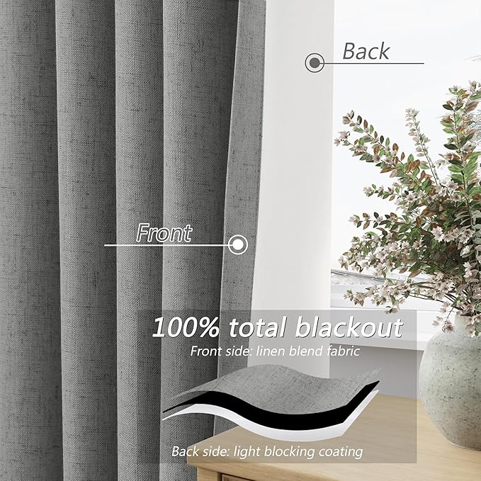 Guken 100% Blackout Linen Curtains 100 Inch Length 2 Panels Set for Living Room Bedroom Back Tab Thermal Insulated Black Out Linen Drapes Room Darkening Window Curtains,Dark Grey