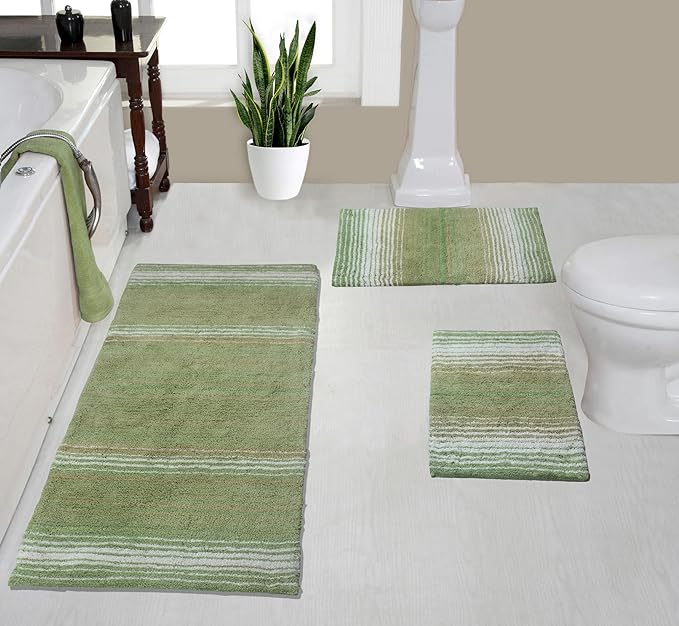 Home Weavers 100% Cotton Gradiation Collection Bathroom Décor | Washable Rug | Bathroom Mat | Kitchen Mat | Bathroom Rug Set | Bath Mat Set | Bath Floor Mat Non Slip, 3 Piece Set with Runner, Sage