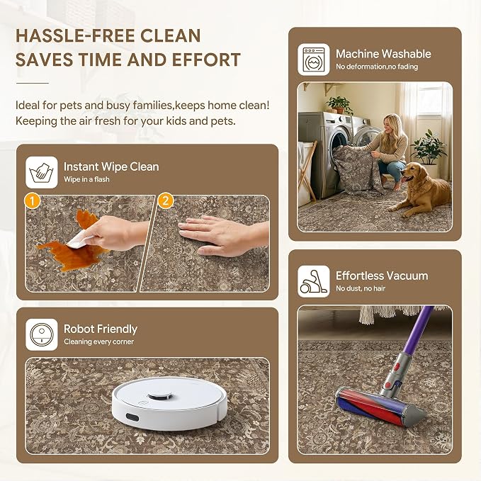 HUGEAR 4x4 Round Rugs Brown Washable Rug for Living Room Bedroom Large Neutral Vintage Rug Carpet Distressed Soft Durable Non Slip No Shedding for Indoor Dining Nursery Farmhouse