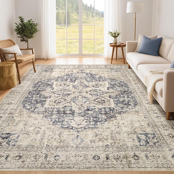 Tortania Area Rug Living Room Rugs - 7x10 Washable Boho Rug Vintage Oriental Distressed Farmhouse Large Thin Indoor Carpet for Living Room Bedroom Under Dining Table Home Office - Cream/Blue