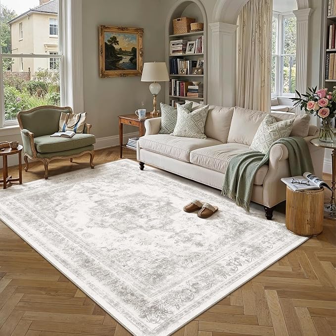 PureCozy Area Rug 5x7 Washable Light Gray Rug Vintage Boho Medallion Large Grey Distressed Retro Carpet for Living Room Non Slip Indoor Low Pile Small Soft Bedroom Dining Room Home Office