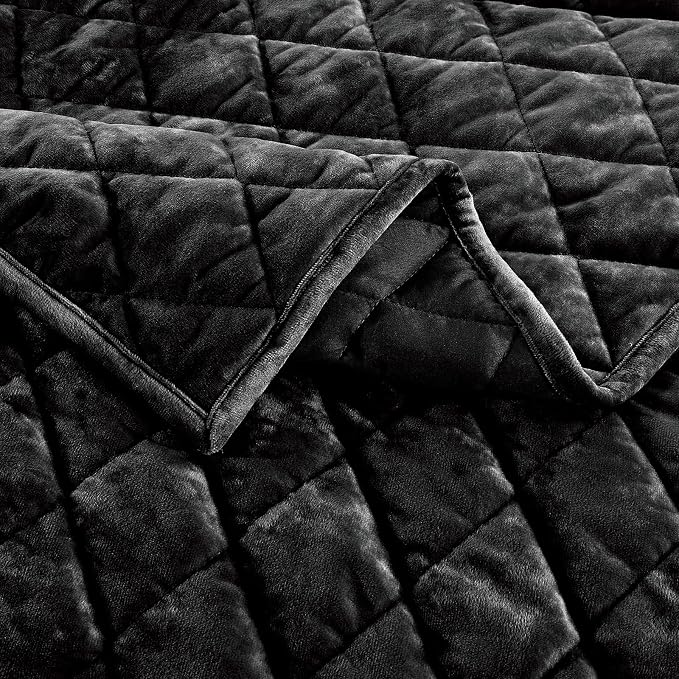 Fredsure Distressed Velvet Quilt Set, 3 Pieces Black Queen, Distressed Velvet Face and Brushed Microfiber Reverse, with Diamond Quilting
