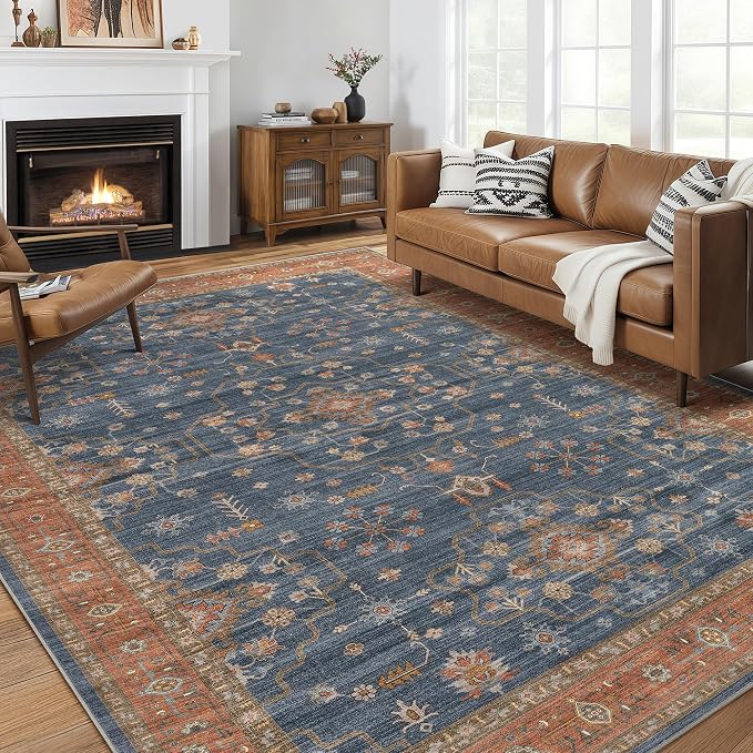 10x14 Area Rug for Living Room- Machine Washable Soft Oriental Vintage Large Indoor Floor Carpet for Bedroom Under Dining Table Home Office Decor - Blue Terracotta