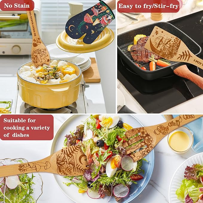 Mushroom Kitchen Decor Bamboo Cooking Spoon with Apron Oven Mitt Pot Holder Utensil Set -Mushroom Kitchen Accessories,Home Decorations Gifts for Women-Housewarming,Easter,Birthday Gift,8PCS