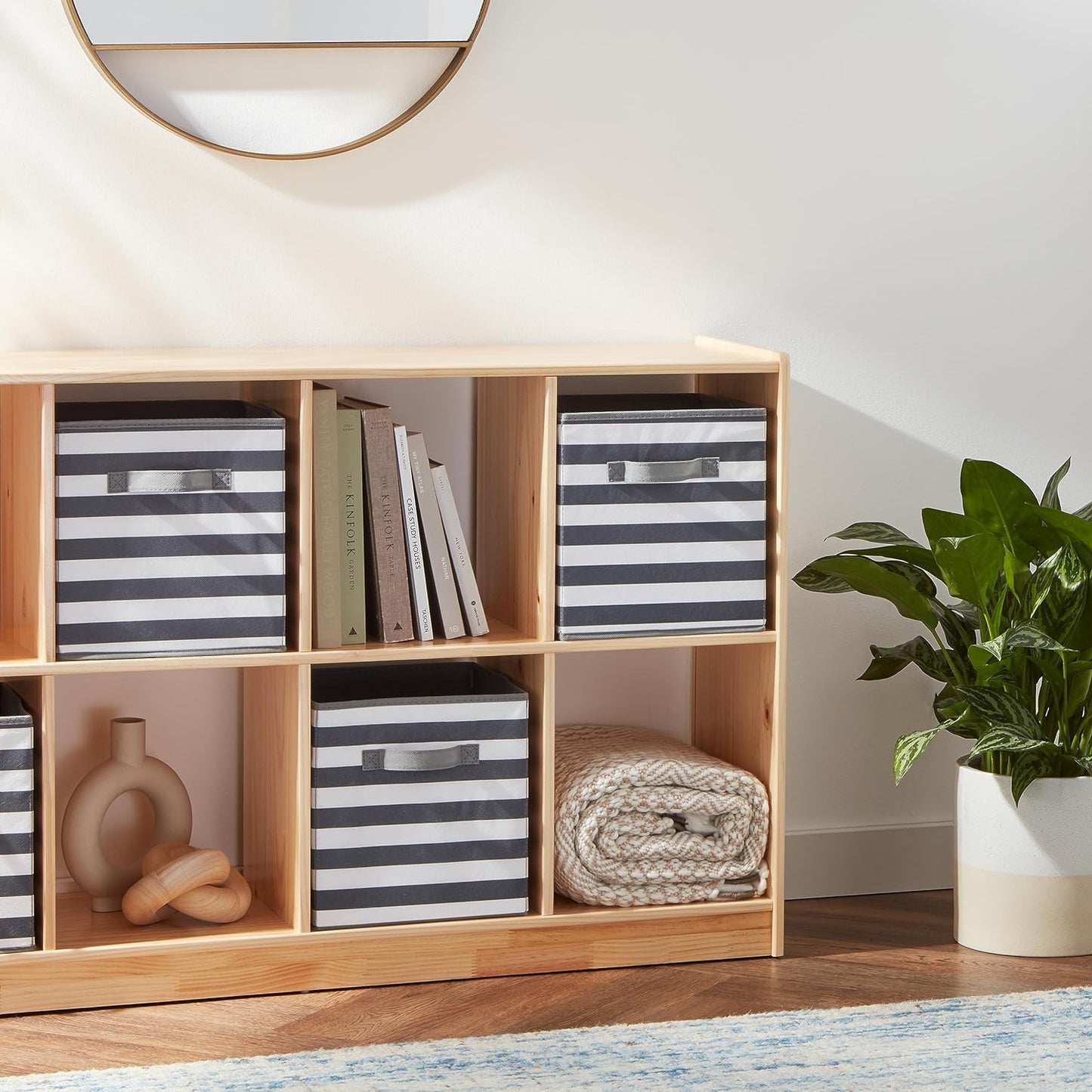 Amazon Basics Cube Organizer Storage Bins Handles, Collapsible Fabric, Pack of 6, 13"x13"x13", White/ Light Grey Stripe