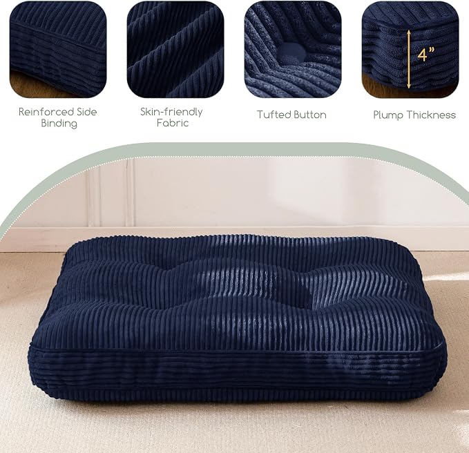 HIGOGOGO 35" Floor Pillow Cushion for Adults, Meditation Cushion Pillow, Extra Large Square Floor Sitting, Tufted Corduroy Cover for Tatami Living Room or Yoga, Navy