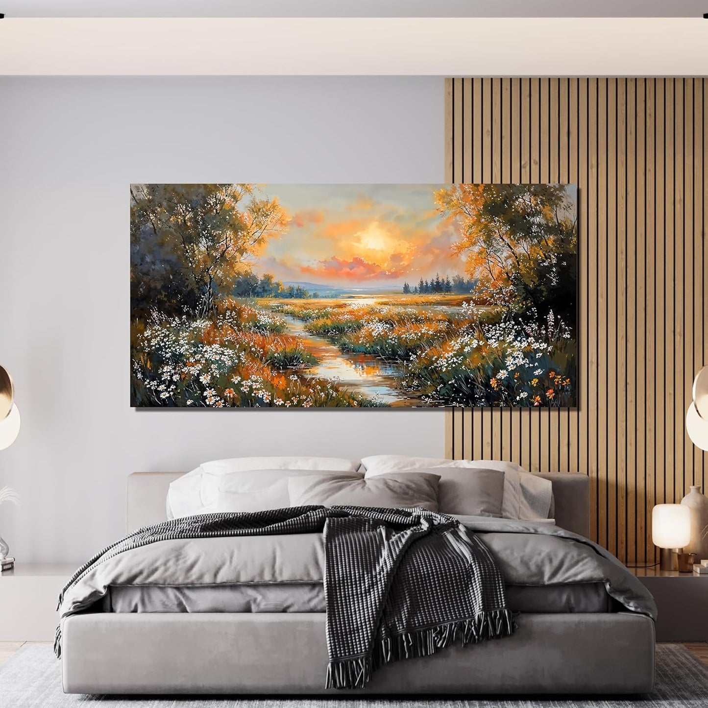 Canvas Wall Art Decor Vintage Wildflower Wall Art Prints Large Wall Art for Living Room Nature Landscape Art Work for Wall Decor River Sunset Artwork for Walls Bedroom Office Wall art Decor 24" X 48"
