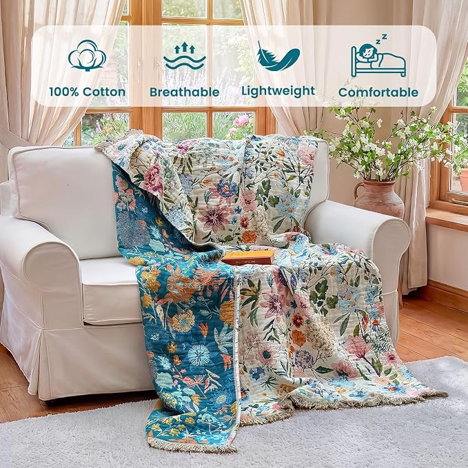 MSGKV Boho Throw Blanket 60"x80" Bed Floral 100% Cotton Blanket Summer Breathable Lightweight Farmhouse Twin Size Couch Blankets Home Decor Muslin Guaze All Seasons