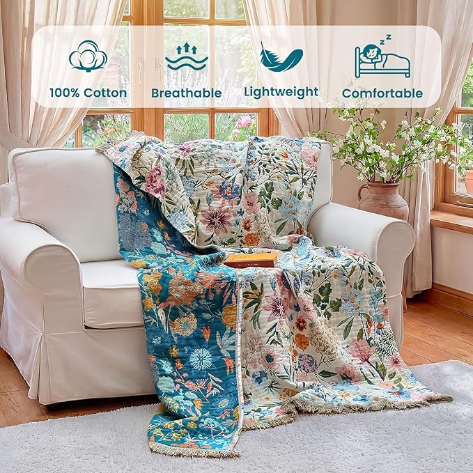 MSGKV Boho Throw Blanket 50"x60" Couch Floral 100% Cotton Blanket Summer Breathable Lightweight Farmhouse Blankets for Sofa Home Decor Muslin Guaze All Seasons