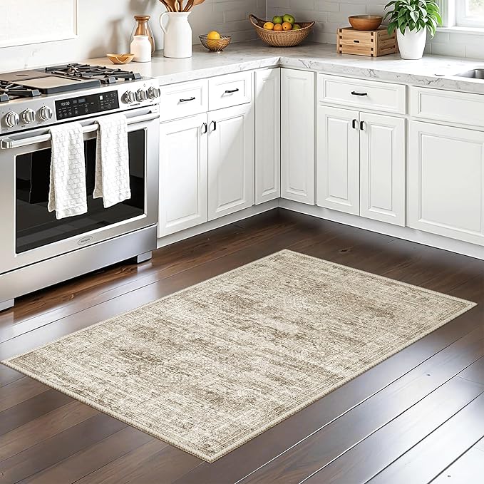 Soalmost 2x3 Washable Rugs for Kitchen, Floor, Entryway, Powder Room Small Area Rug Non-Slip Vintage Low Pile Throw Door Mat Brown