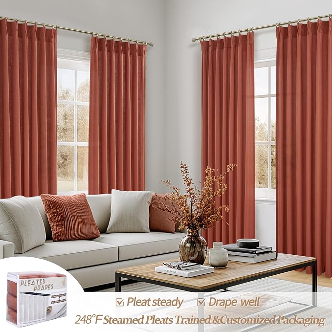 PleatedDrapes Decorative Burnt Orange Sheer Curtains 96 Inches Long for Sliding Glass Doors, Farmhouse Cottage Core Fall Pinch Pleat Linen Blend 96 Inch Curtain 2 Panel Set Light Filtering Drapes Rust